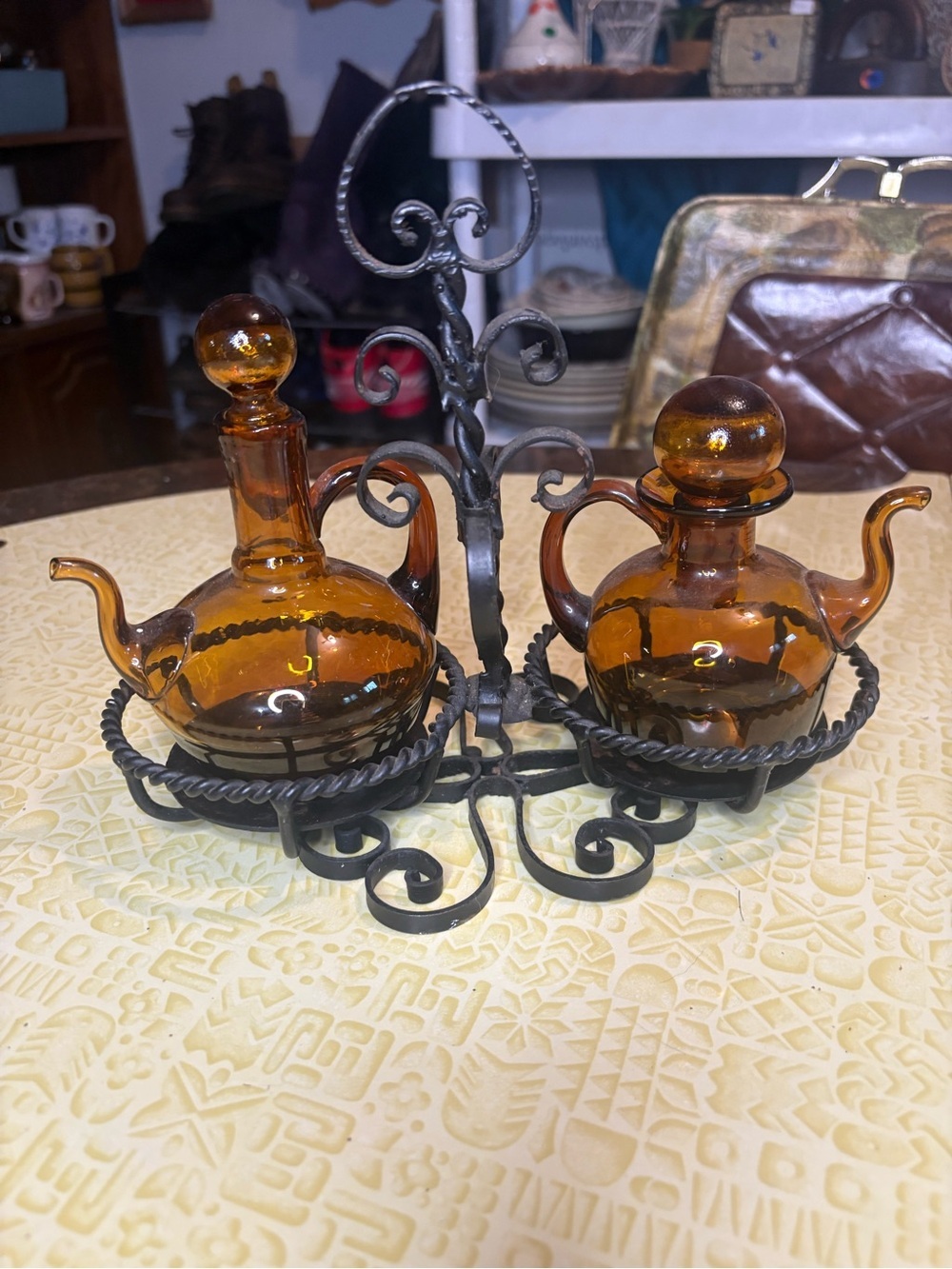 Vintage Amber Glass Cruet Set with Decorative Iron Stand